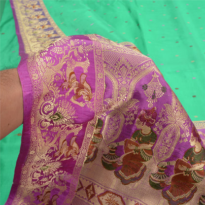 Sanskriti Vintage Lavender/Green Sarees Pure Satin Woven Baluchari Sari Sustainable Fabric