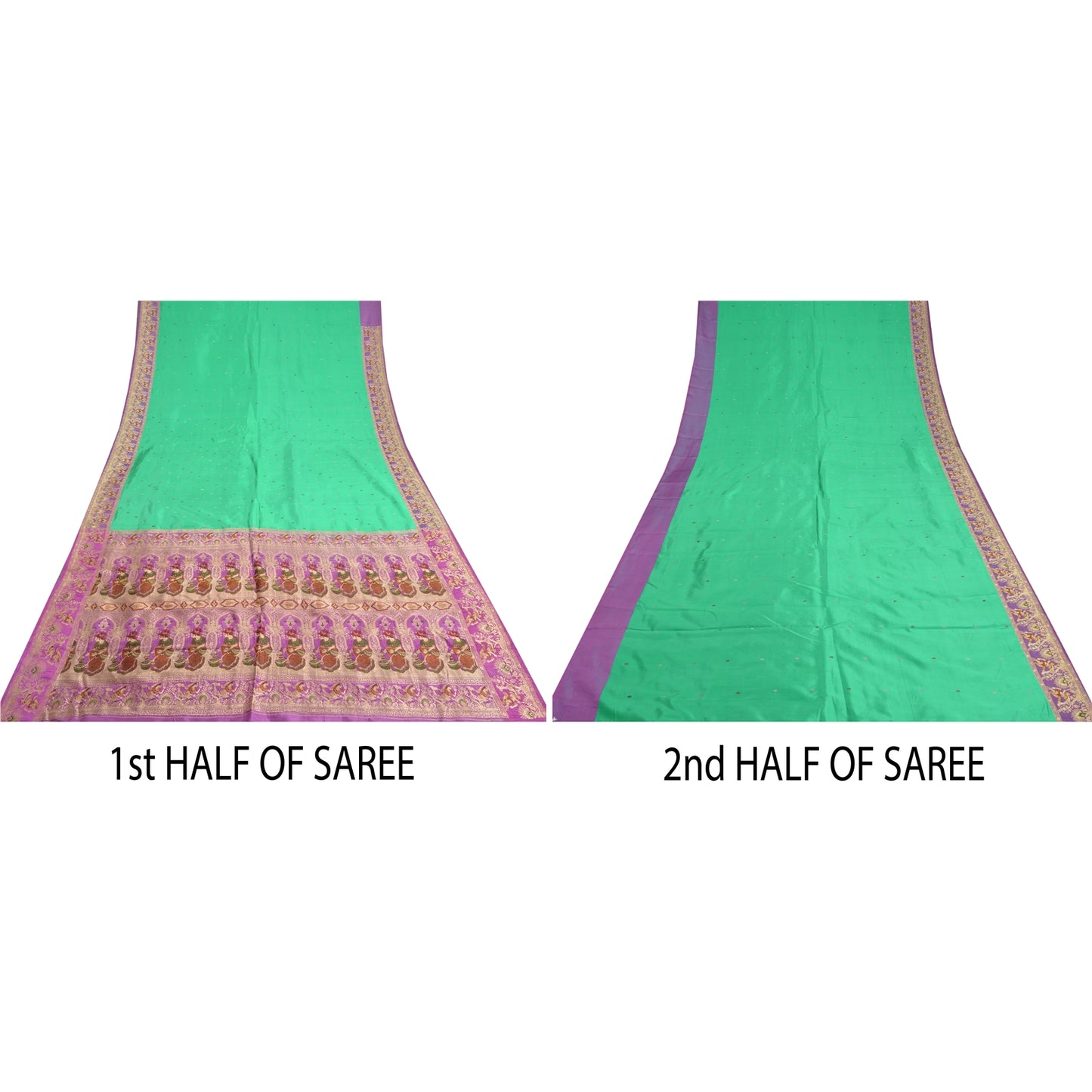 Sanskriti Vintage Lavender/Green Sarees Pure Satin Woven Baluchari Sari Sustainable Fabric