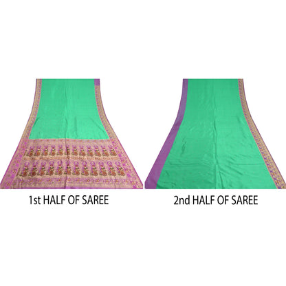 Sanskriti Vintage Lavender/Green Sarees Pure Satin Woven Baluchari Sari Sustainable Fabric