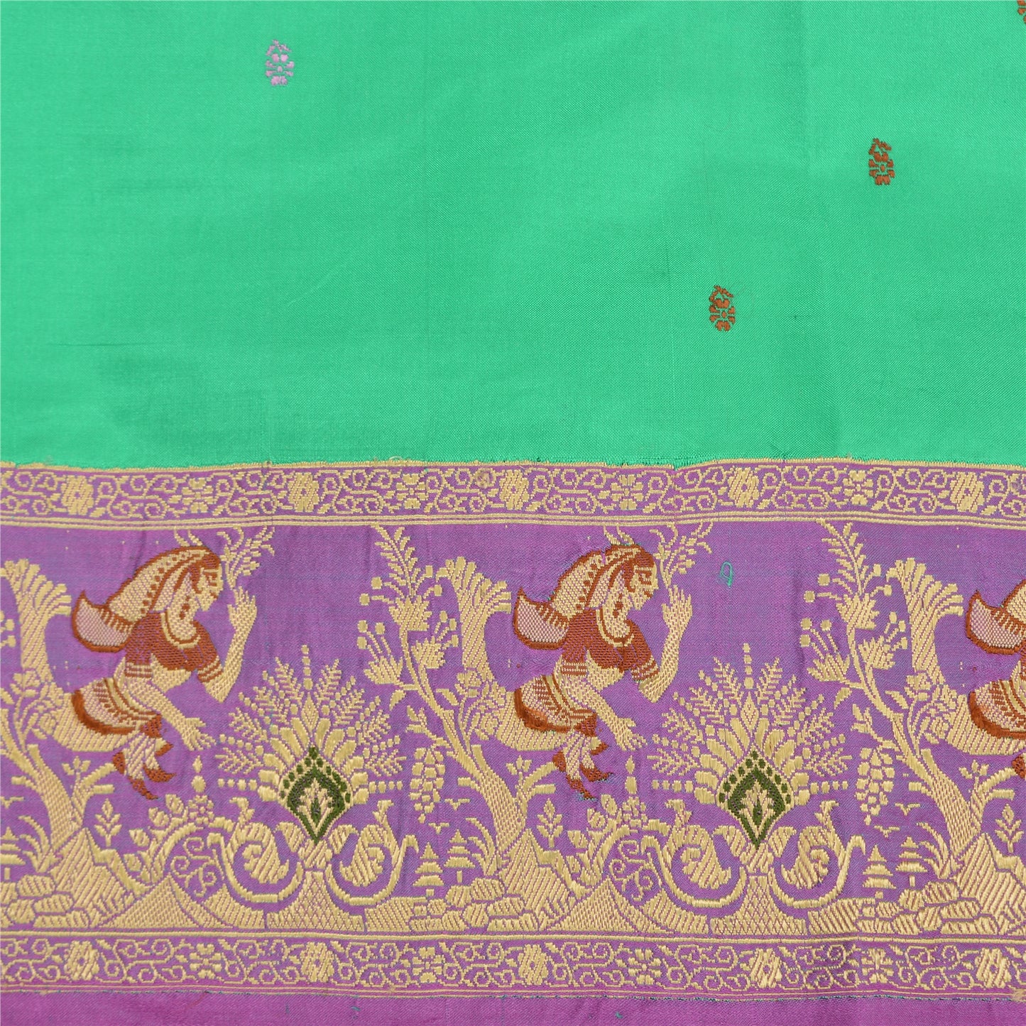 Sanskriti Vintage Lavender/Green Sarees Pure Satin Woven Baluchari Sari Sustainable Fabric