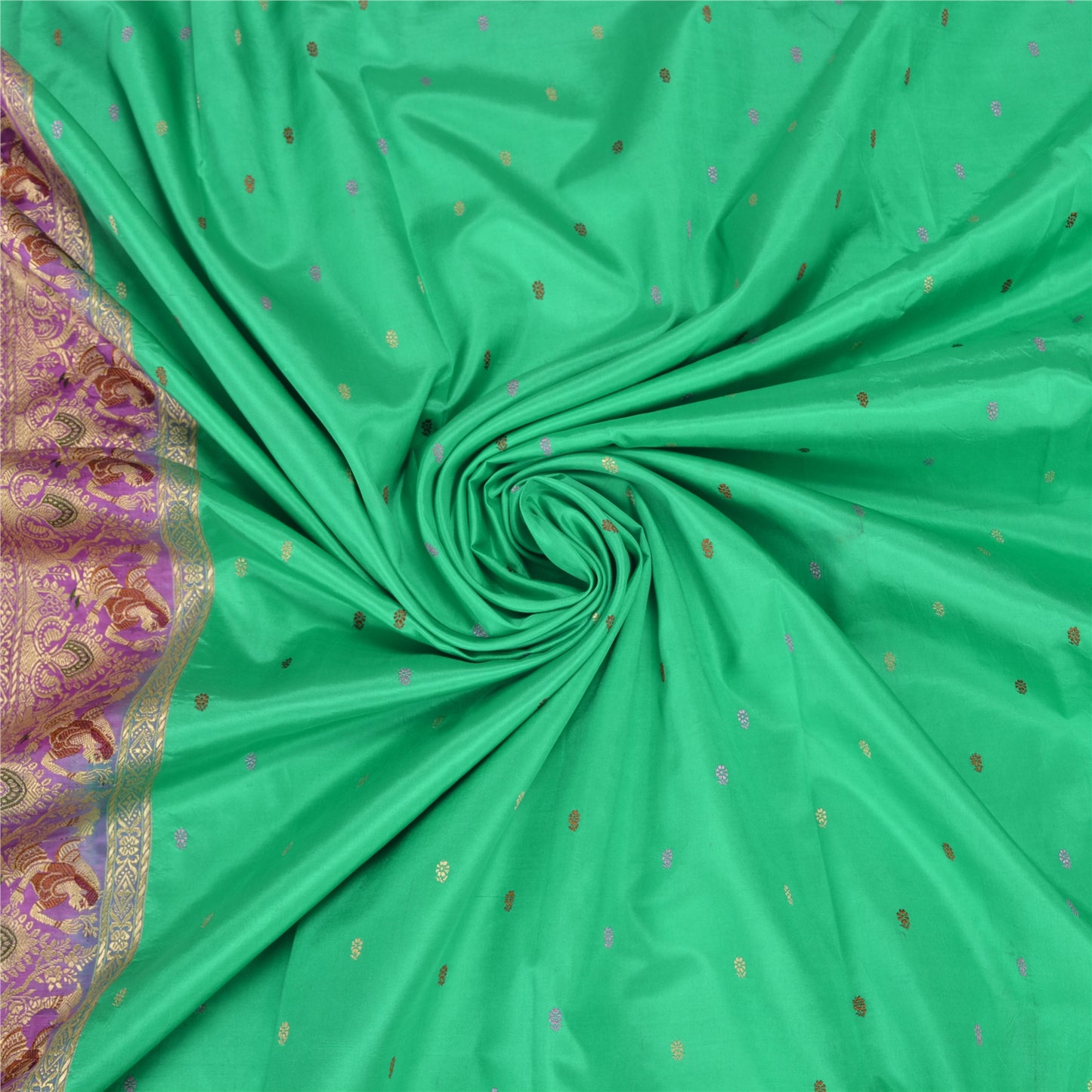 Sanskriti Vintage Lavender/Green Sarees Pure Satin Woven Baluchari Sari Sustainable Fabric