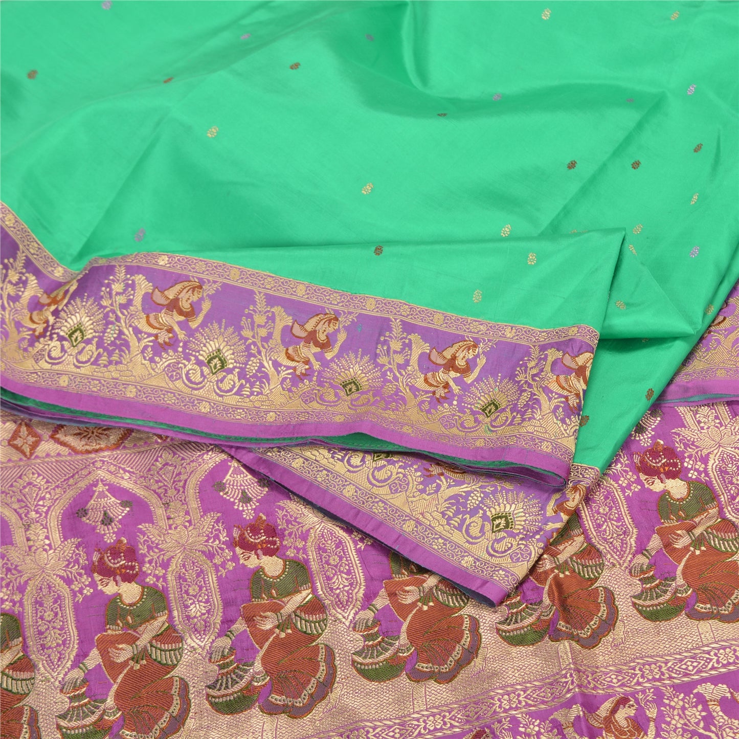 Sanskriti Vintage Lavender/Green Sarees Pure Satin Woven Baluchari Sari Sustainable Fabric