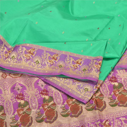 Sanskriti Vintage Lavender/Green Sarees Pure Satin Woven Baluchari Sari Sustainable Fabric