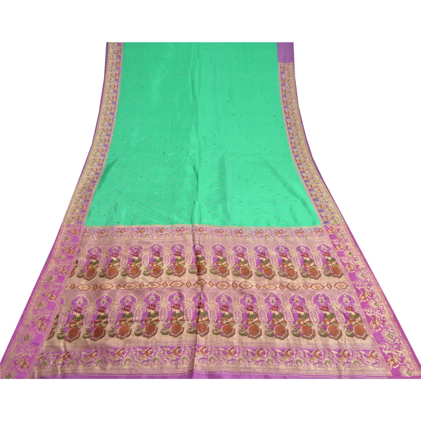 Sanskriti Vintage Lavender/Green Sarees Pure Satin Woven Baluchari Sari Sustainable Fabric