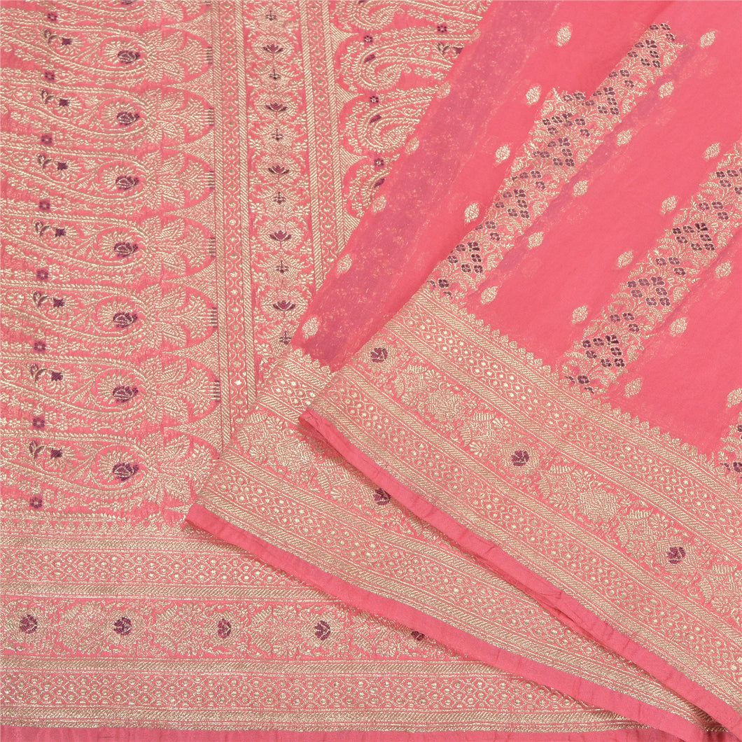 Sanskriti Vintage Pink Sarees Pure Silk Woven Brocade/Banarasi Zari Sari Fabric