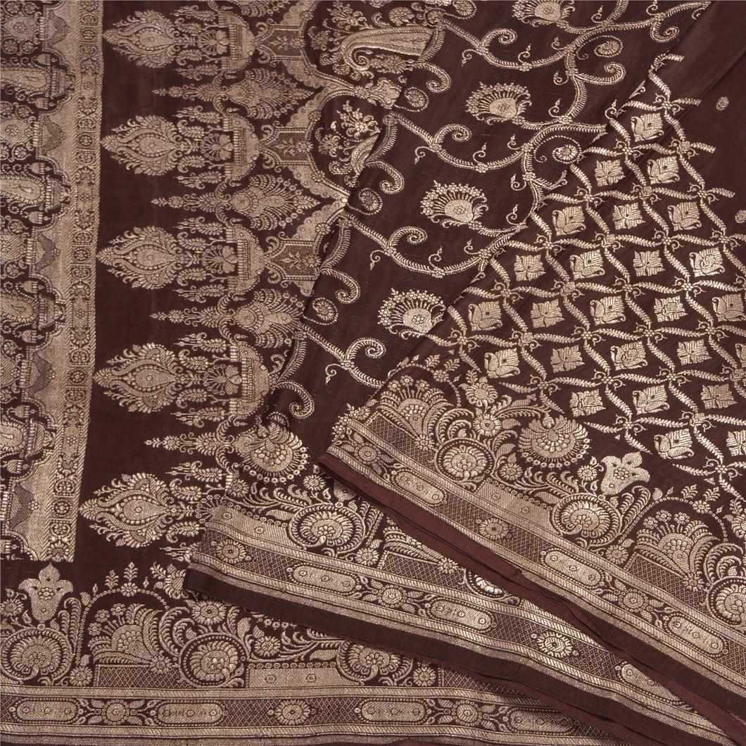 Sanskriti Vintage Brown Sarees Pure Satin Silk Brocade/Banarasi Sari Fabric
