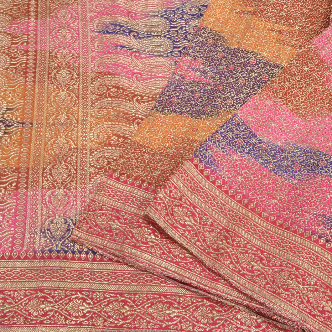 Sanskriti Vintage Multicolor Sarees Pure Satin Silk Brocade/Banarasi Sari Fabric