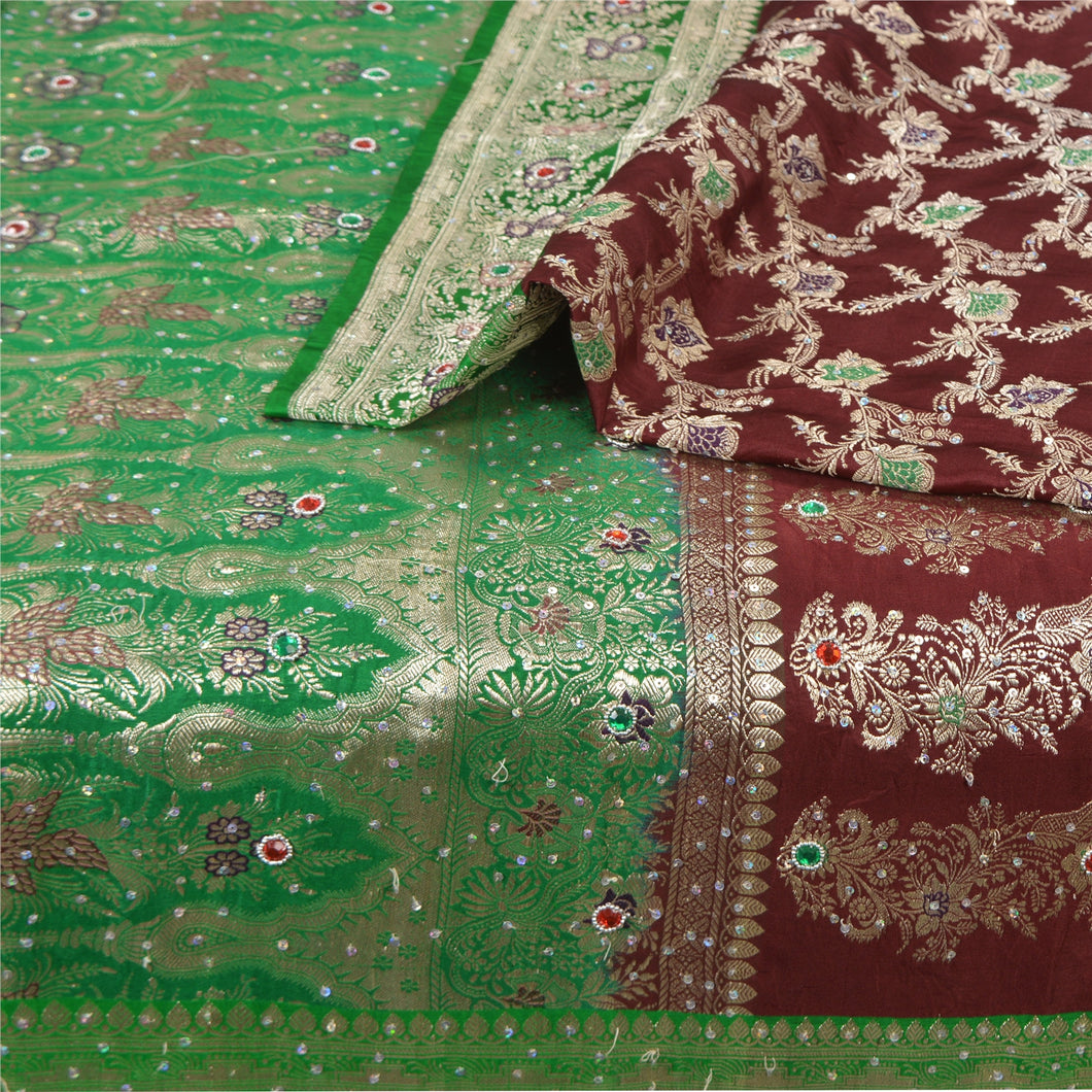 Sanskriti Vintage Green Sarees Pure Satin Silk Hand Beaded Brocade Sari Fabric