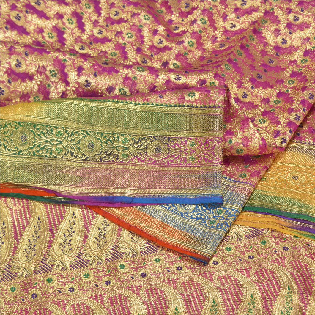 Sanskriti Vintage Pink Sarees Pure Silk Woven Brocade/Banarasi Zari Sari Fabric