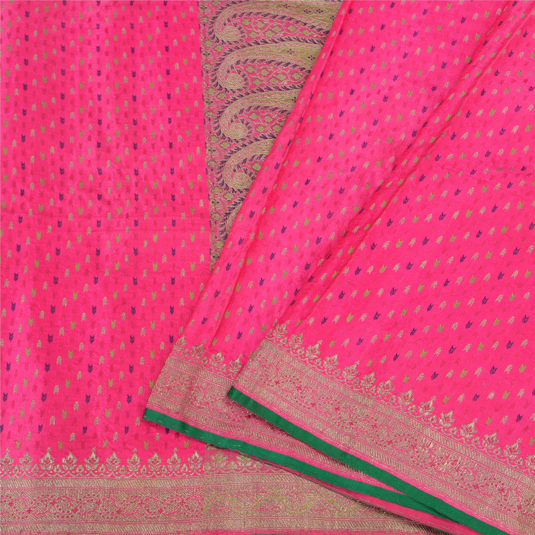 Sanskriti Vintage Hot Pink Sarees Pure Satin Silk Brocade/Banarasi Sari Fabric