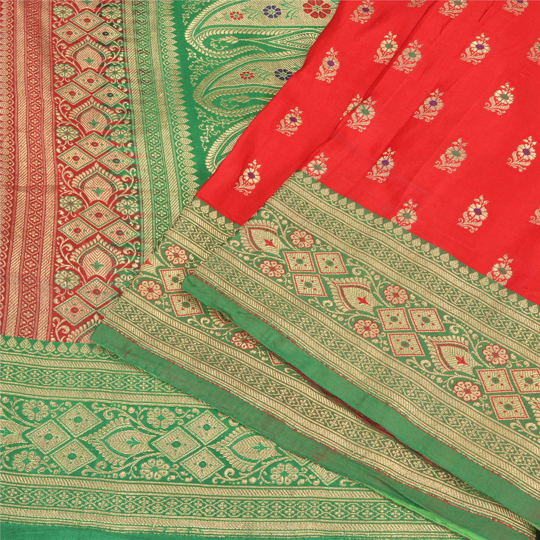 Sanskriti Vintage Green/Red Sarees Pure Satin Silk Brocade/Banarasi Sari Fabric