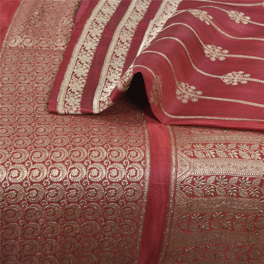 Sanskriti Vintage Dark Red Sarees Pure Satin Silk Brocade/Banarasi Sari Sustainable Fabric