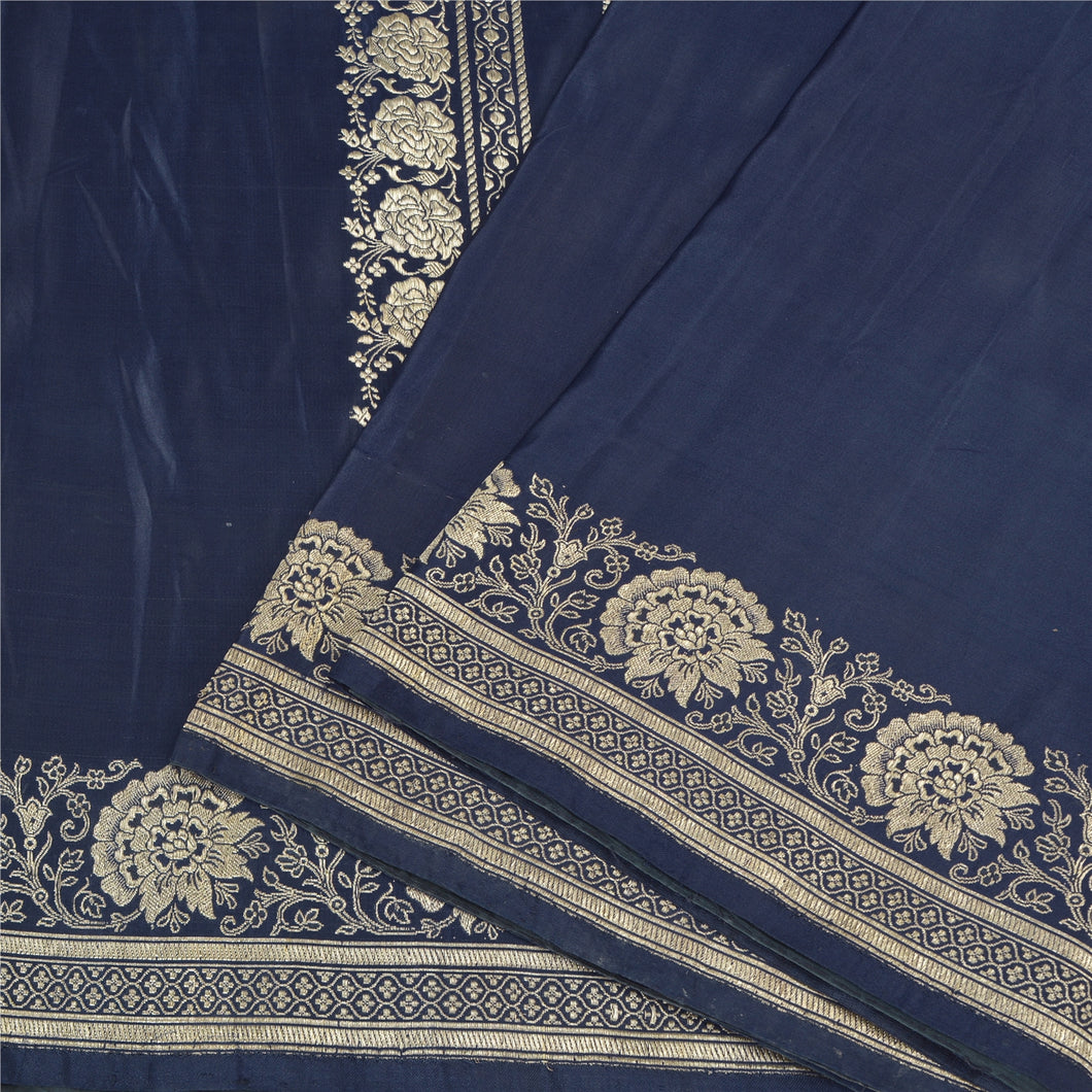 Sanskriti Vintage Blue Sarees Pure Satin Silk Woven Brocade/Banarasi Sari Fabric