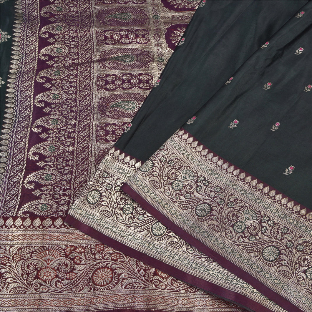 Sanskriti Vintage Purple/Green Sarees Pure Satin Brocade/Banarasi Sari Fabric