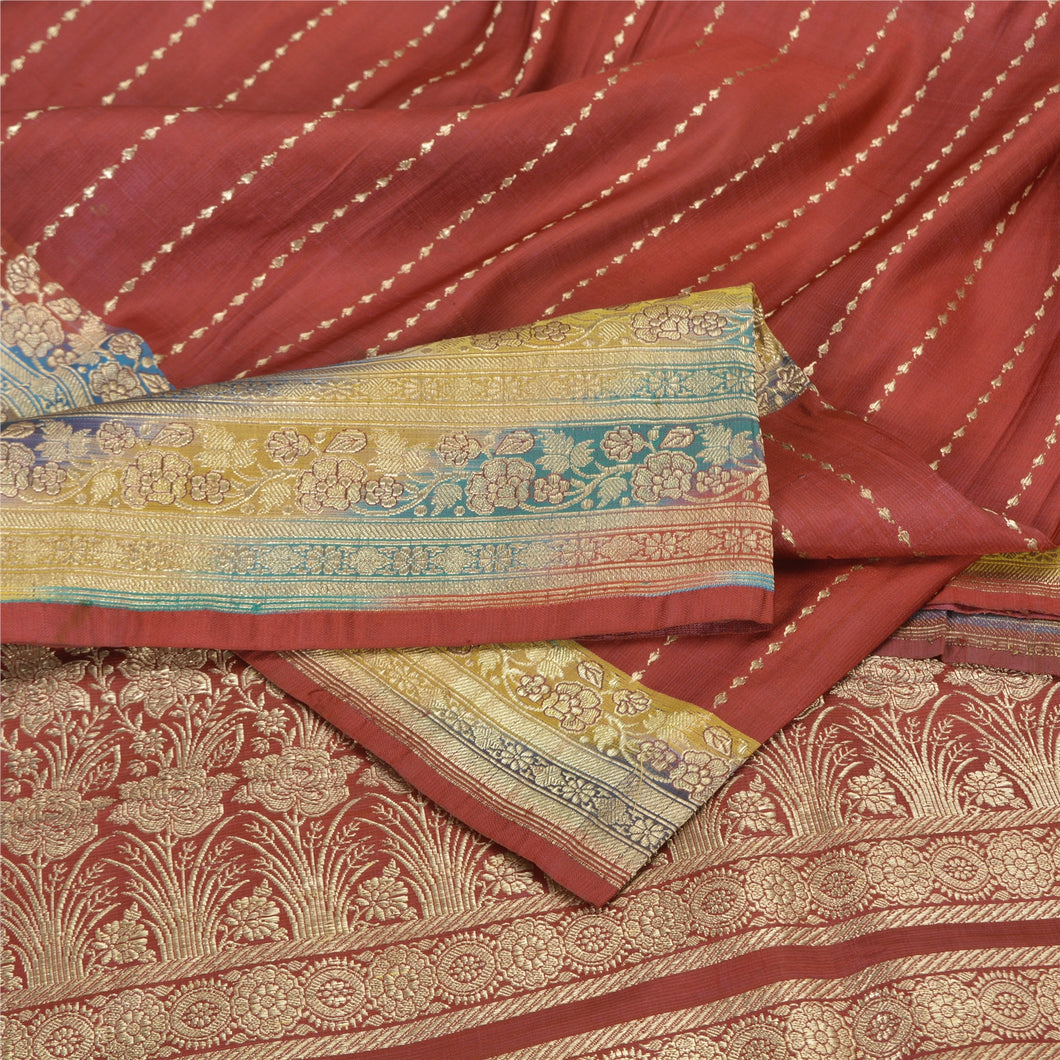 Sanskriti Vintage Dark Red Sarees Pure Satin Silk Brocade/Banarasi Sari Fabric