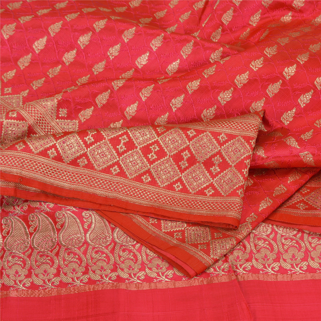 Sanskriti Vintage Hot Pink Sarees Pure Satin Silk Brocade/Banarasi Sari Fabric