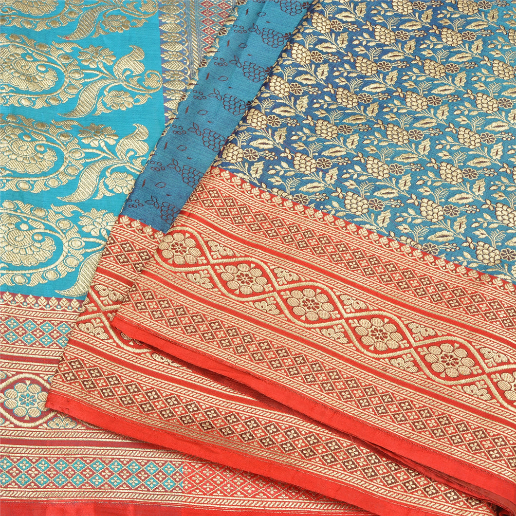 Sanskriti Vintage Blue/Red Sarees Pure Satin Silk Woven Brocade Sari Fabric