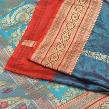 Load image into Gallery viewer, Sanskriti Vintage Blue/Red Sarees Pure Satin Silk Woven Brocade Sari Fabric

