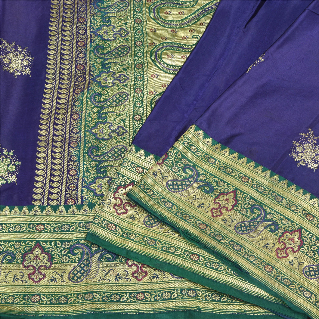 Sanskriti Vintage Green/Blue Sarees Pure Satin Silk Brocade/Banarasi Sari Fabric
