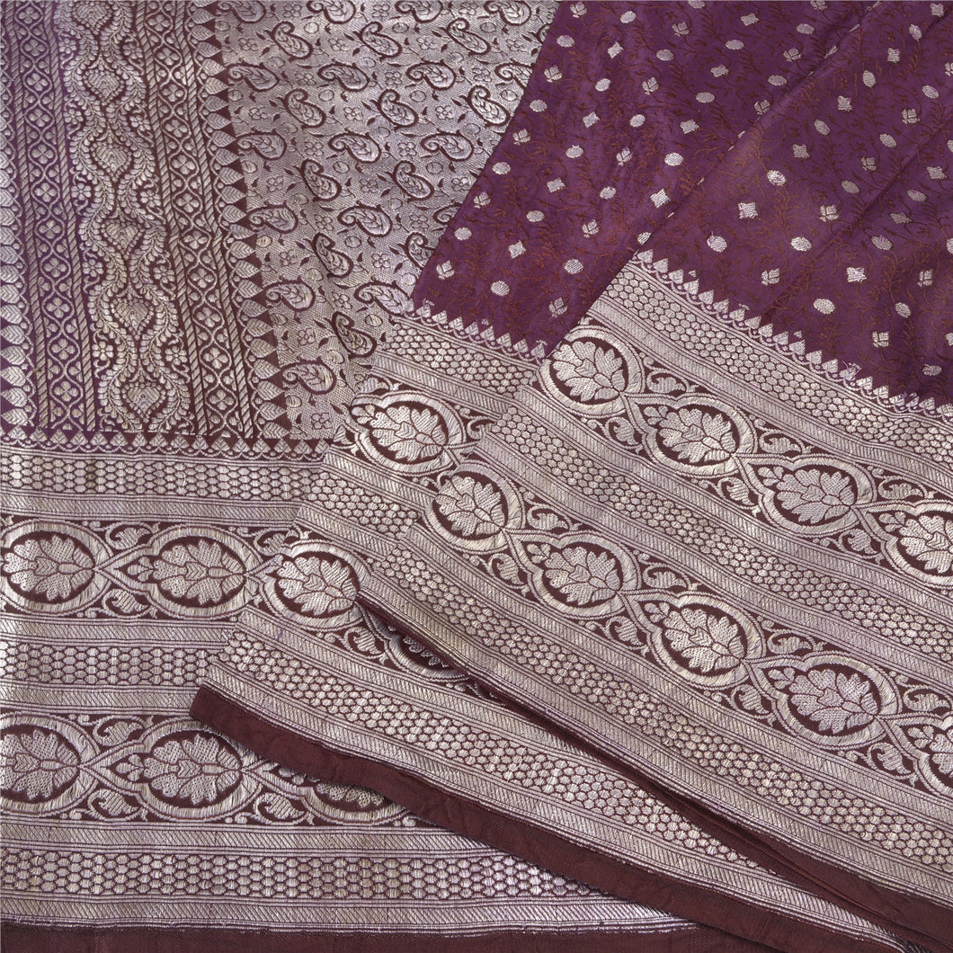 Sanskriti Vintage Purple Sarees Pure Satin Silk Brocade/Banarasi ZariSari Fabric