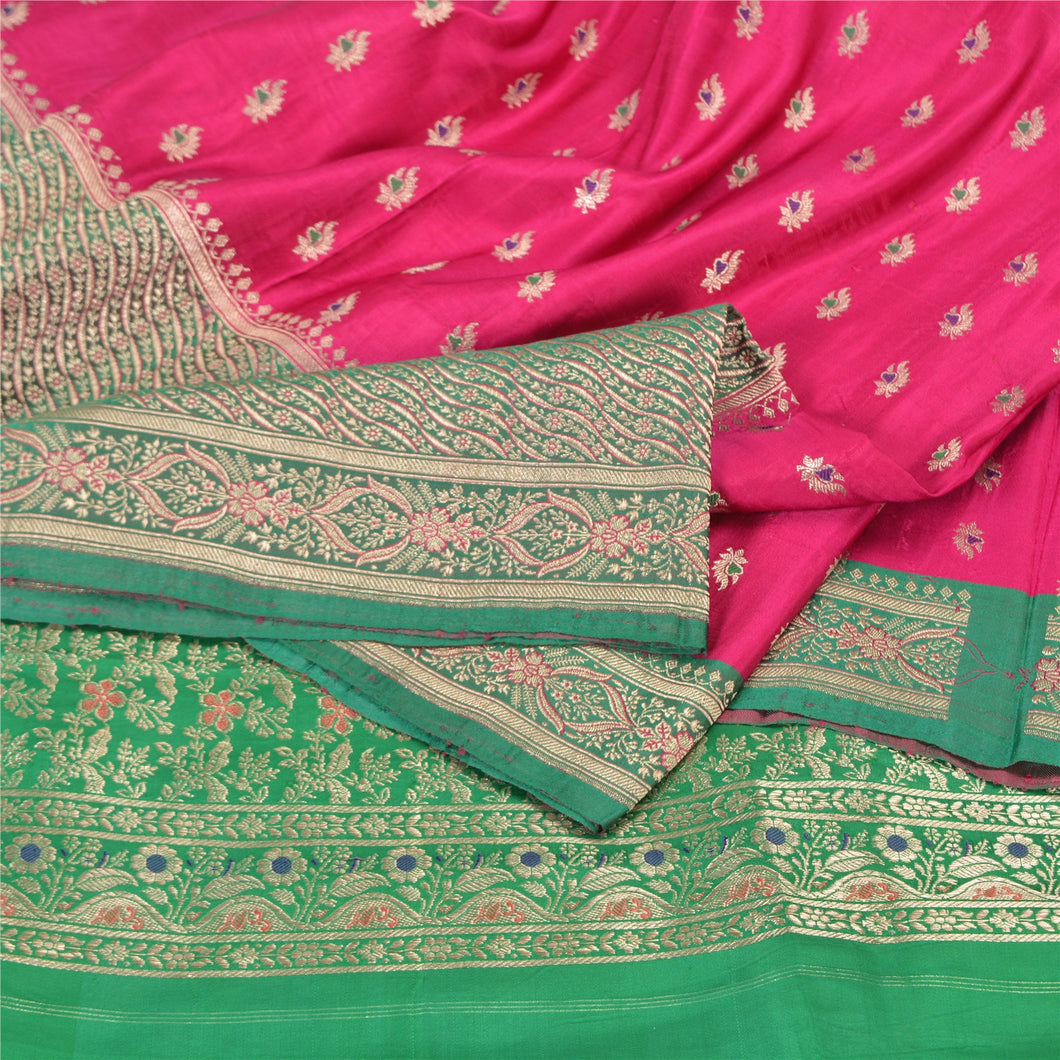 Sanskriti Vintage Magenta/Green Sarees Pure Satin Brocade/Banarasi Sari Fabric