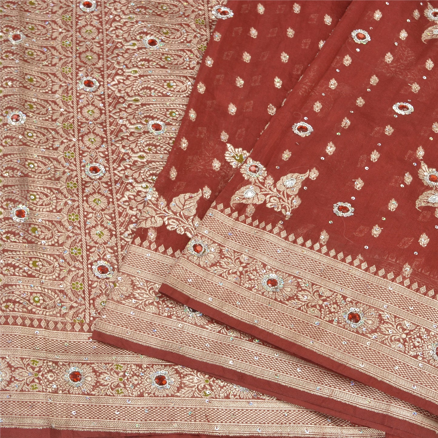 Sanskriti Vintage Dark Red Sarees Pure Satin Hand Beaded Banarasi Woven Brocade Sari  Sustainable Fabric
