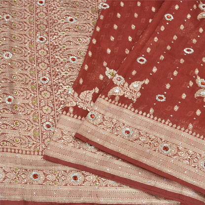 Sanskriti Vintage Dark Red Sarees Pure Satin Hand Beaded Banarasi Woven Brocade Sari  Sustainable Fabric