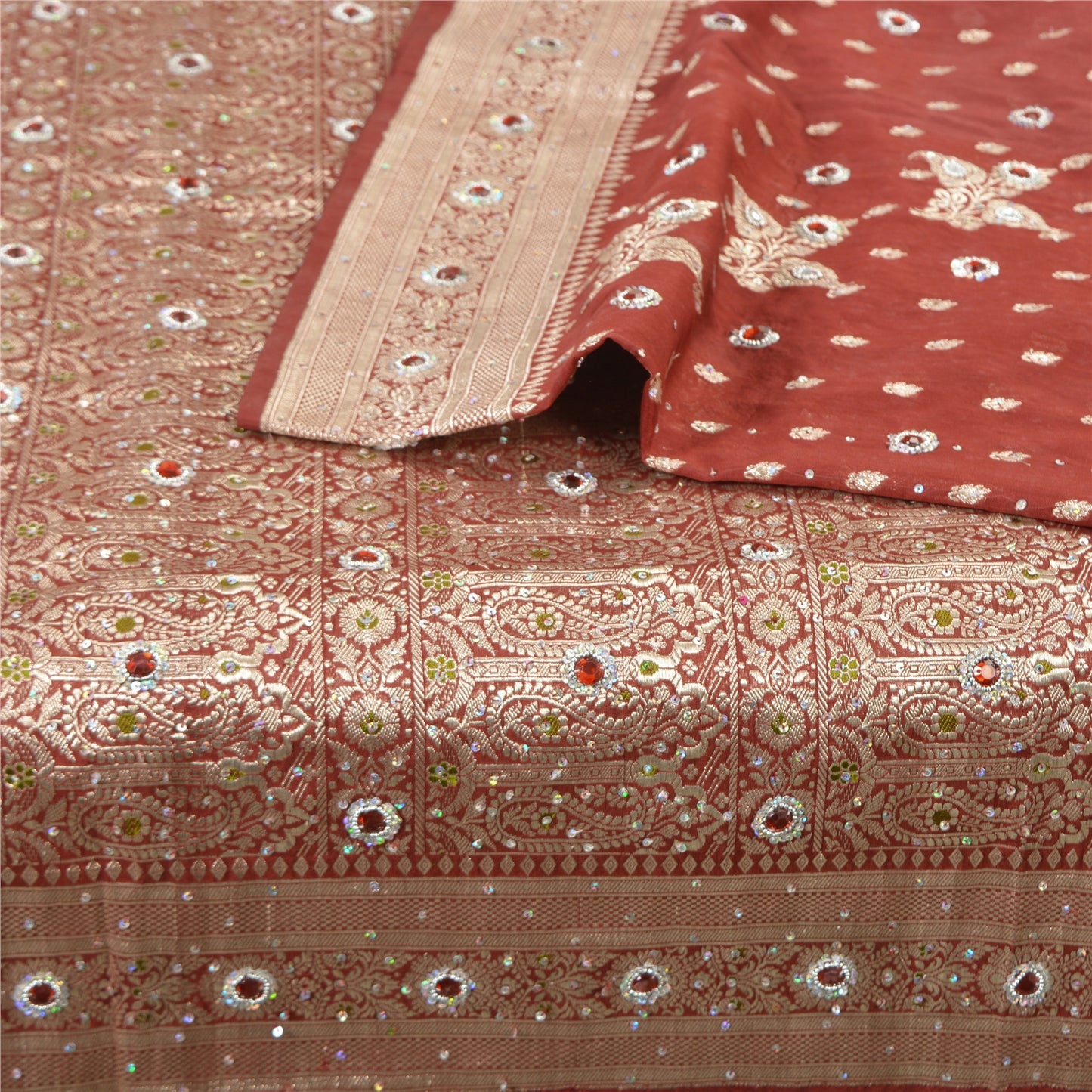 Sanskriti Vintage Dark Red Sarees Pure Satin Hand Beaded Banarasi Woven Brocade Sari  Sustainable Fabric