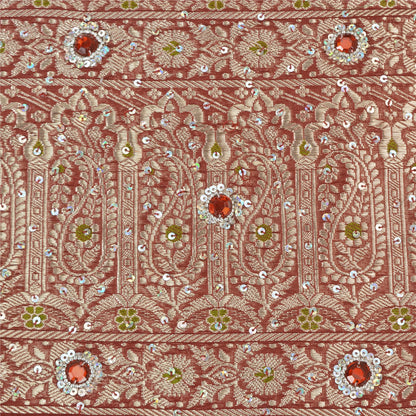 Sanskriti Vintage Dark Red Sarees Pure Satin Hand Beaded Banarasi Woven Brocade Sari  Sustainable Fabric