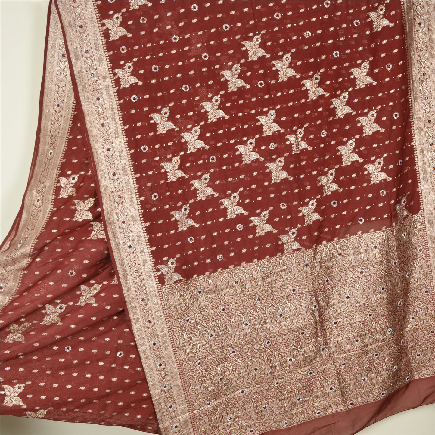 Sanskriti Vintage Dark Red Sarees Pure Satin Hand Beaded Banarasi Woven Brocade Sari  Sustainable Fabric