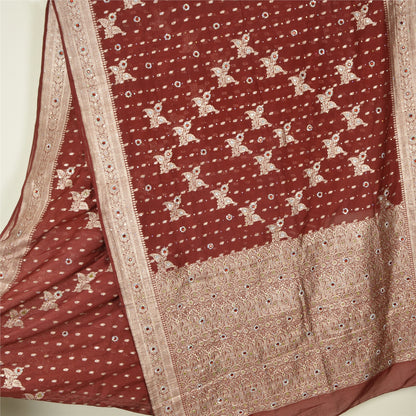 Sanskriti Vintage Dark Red Sarees Pure Satin Hand Beaded Banarasi Woven Brocade Sari  Sustainable Fabric