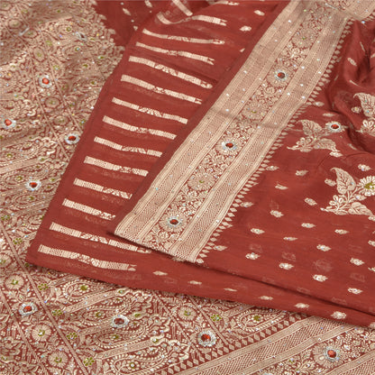 Sanskriti Vintage Dark Red Sarees Pure Satin Hand Beaded Banarasi Woven Brocade Sari  Sustainable Fabric