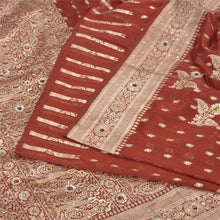 Load image into Gallery viewer, Sanskriti Vintage Dark Red Sarees Pure Satin Silk Hand Beads Brocade Sari Fabric
