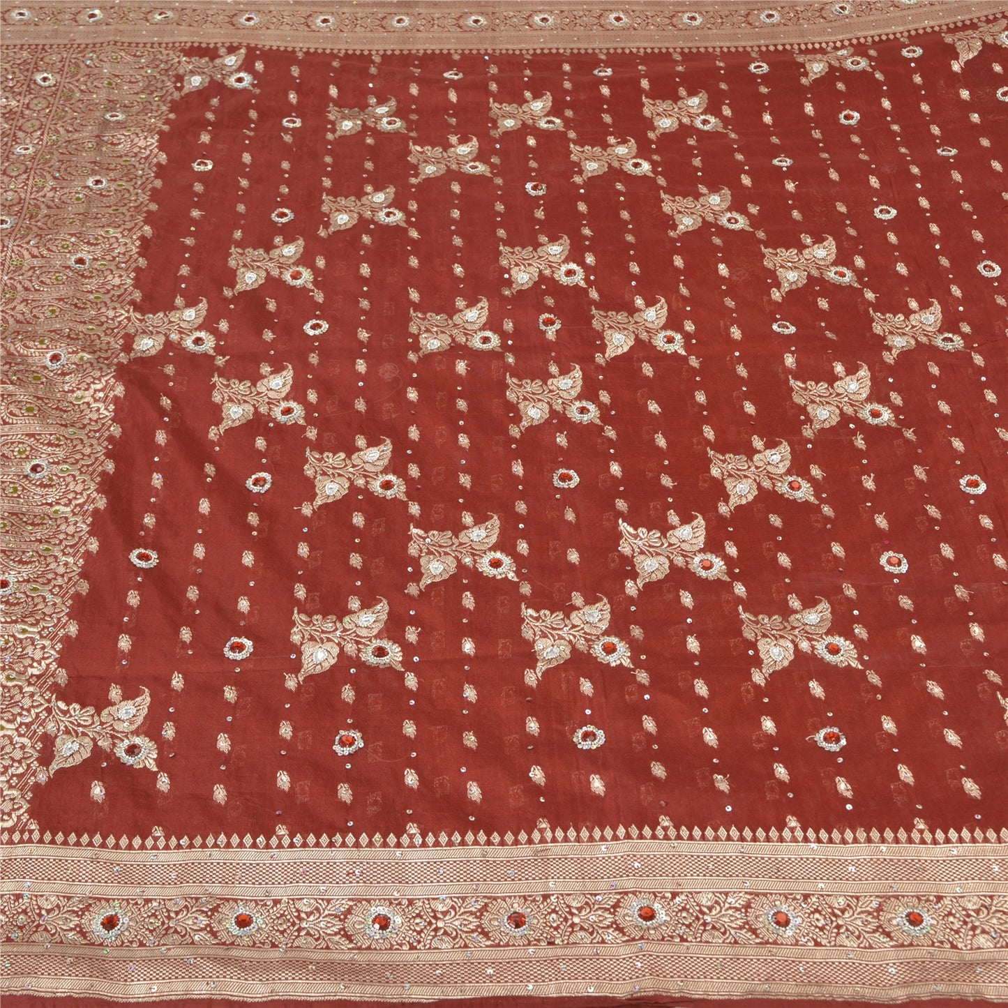 Sanskriti Vintage Dark Red Sarees Pure Satin Hand Beaded Banarasi Woven Brocade Sari  Sustainable Fabric