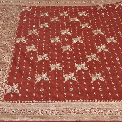 Sanskriti Vintage Dark Red Sarees Pure Satin Hand Beaded Banarasi Woven Brocade Sari  Sustainable Fabric