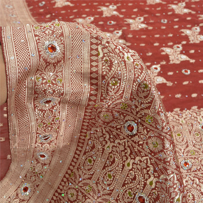 Sanskriti Vintage Dark Red Sarees Pure Satin Hand Beaded Banarasi Woven Brocade Sari  Sustainable Fabric