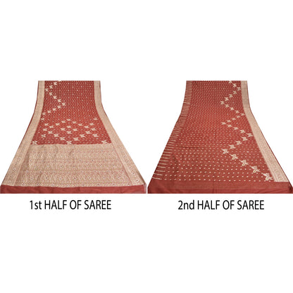 Sanskriti Vintage Dark Red Sarees Pure Satin Hand Beaded Banarasi Woven Brocade Sari  Sustainable Fabric
