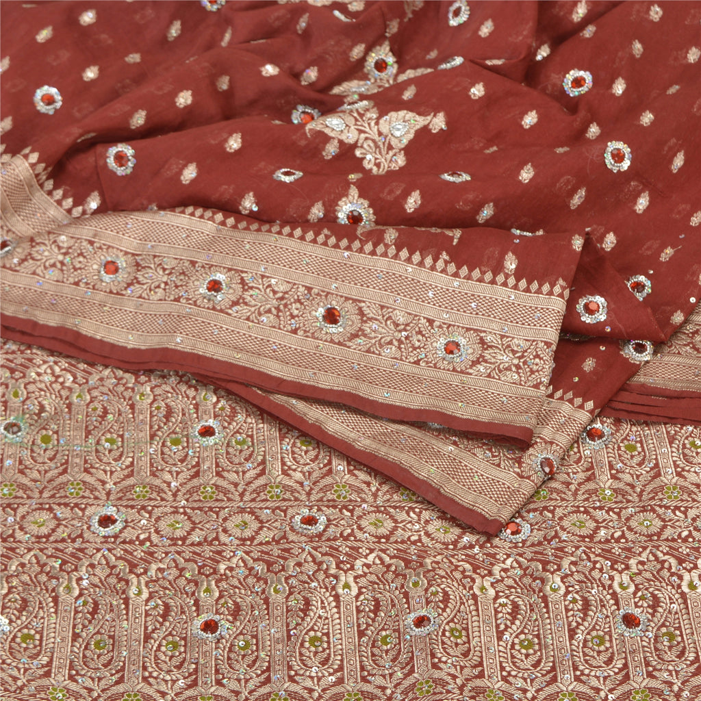 Sanskriti Vintage Dark Red Sarees Pure Satin Hand Beaded Banarasi Woven Brocade Sari  Sustainable Fabric