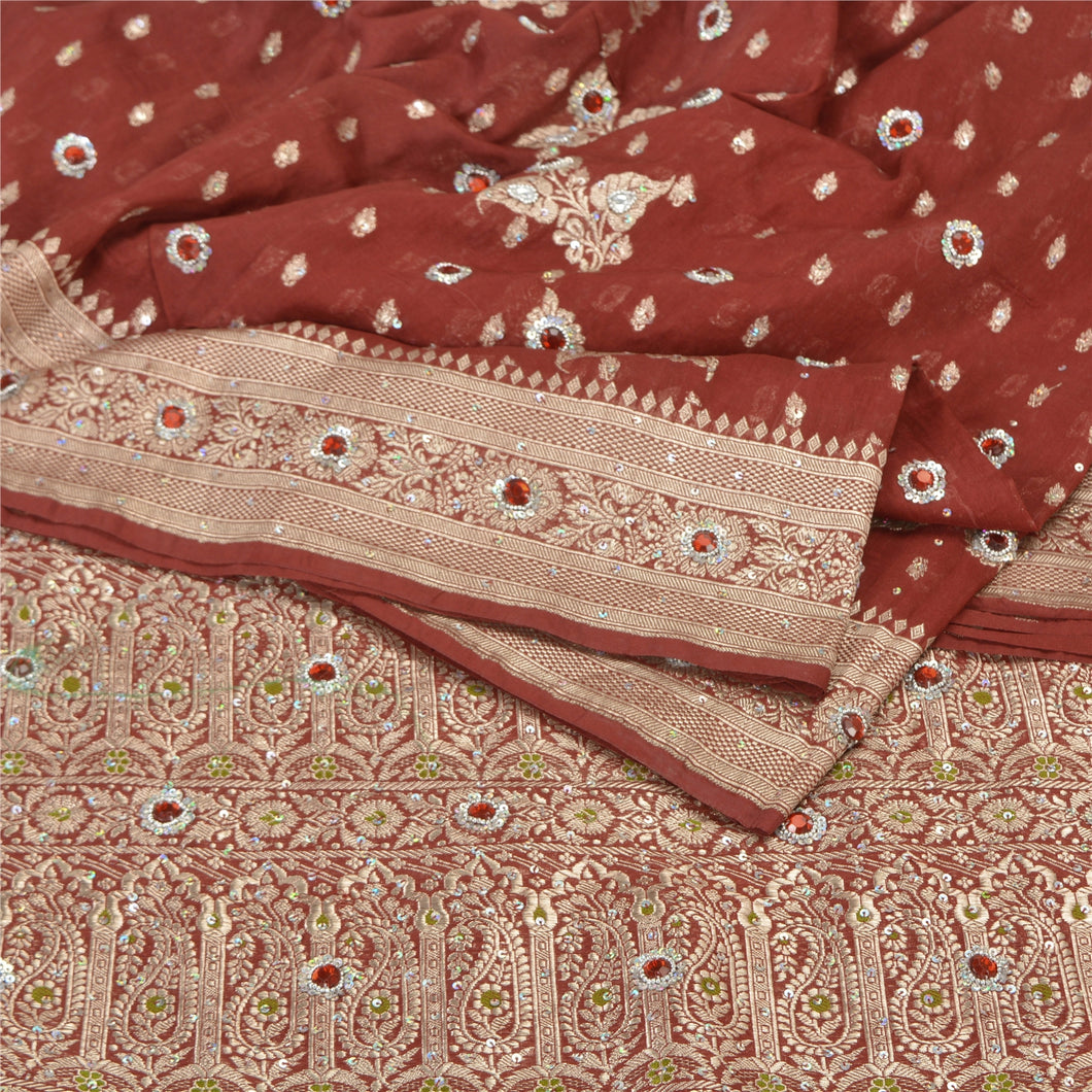Sanskriti Vintage Dark Red Sarees Pure Satin Silk Hand Beads Brocade Sari Fabric