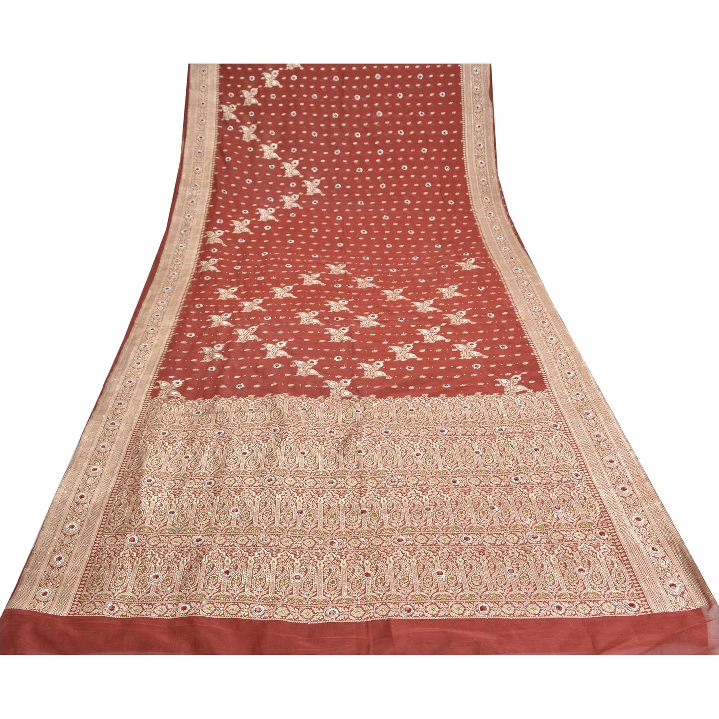 Sanskriti Vintage Dark Red Sarees Pure Satin Hand Beaded Banarasi Woven Brocade Sari  Sustainable Fabric