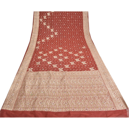 Sanskriti Vintage Dark Red Sarees Pure Satin Hand Beaded Banarasi Woven Brocade Sari  Sustainable Fabric