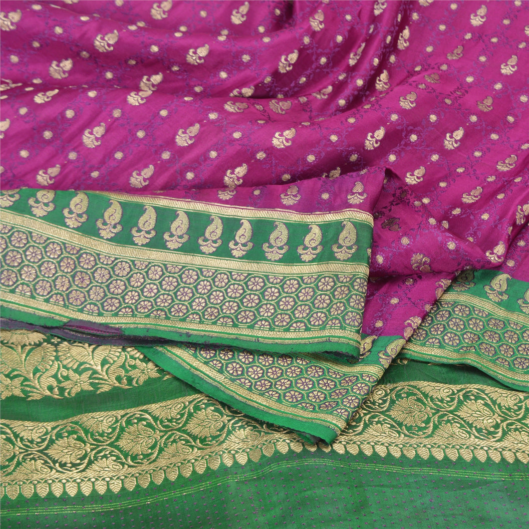 Sanskriti Vintage Purple/Green Sarees Pure Satin Silk Woven Brocade Sari Fabric