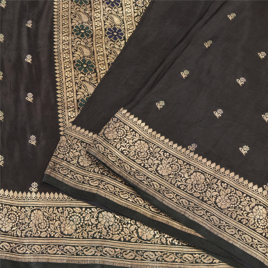 Sanskriti Vintage Black Sarees Pure Satin Woven Brocade/Banarasi Sari Fabric