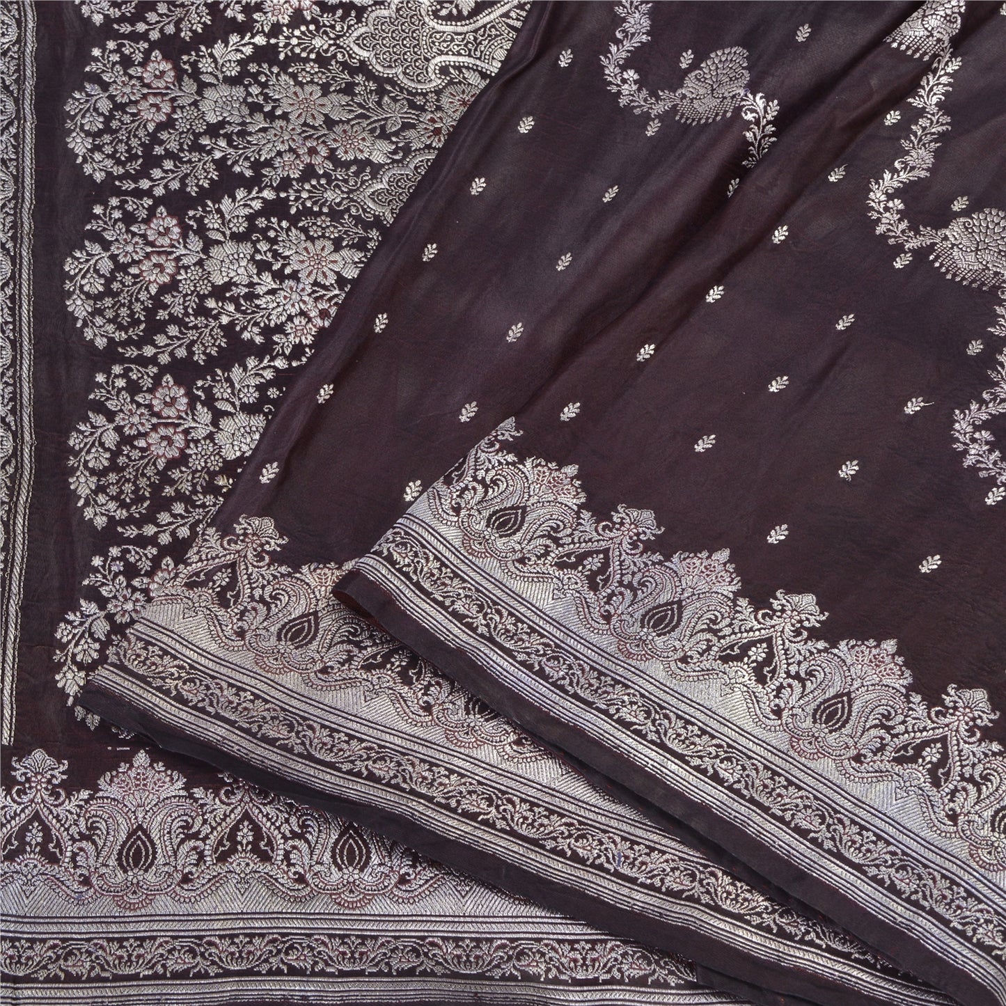 Sanskriti Vintage Dark Brown Sarees Pure Satin Silk Woven Banarasi Sari Sustainable Fabric