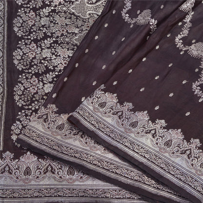 Sanskriti Vintage Dark Brown Sarees Pure Satin Silk Woven Banarasi Sari Sustainable Fabric