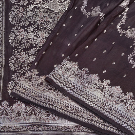 Санскритское винтажное темно-коричневое сари из чистого атласа и шелка, тканое сари Банараси, экологически чистая ткань