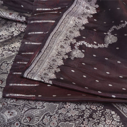 Sanskriti Vintage Dark Brown Sarees Pure Satin Silk Woven Banarasi Sari Sustainable Fabric
