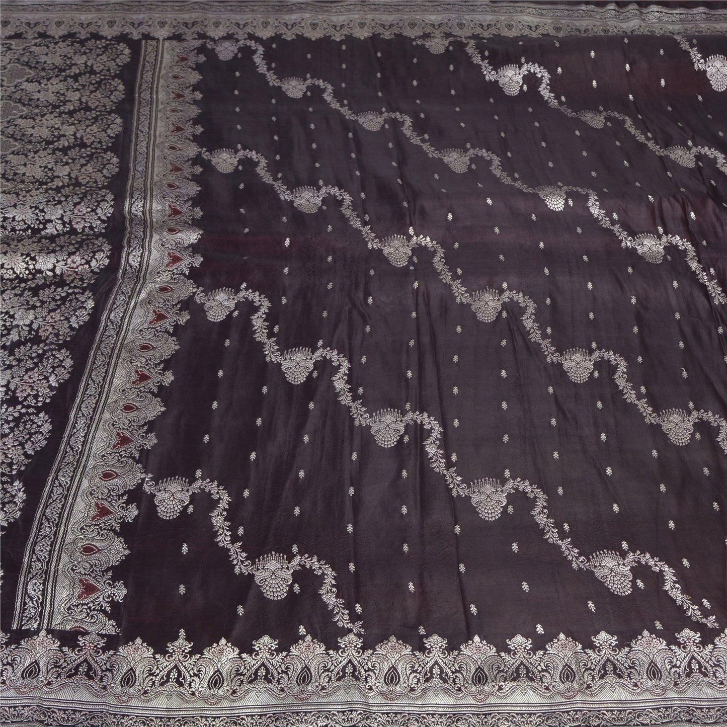 Sanskriti Vintage Dark Brown Sarees Pure Satin Silk Woven Banarasi Sari Sustainable Fabric