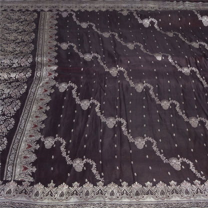 Sanskriti Vintage Dark Brown Sarees Pure Satin Silk Woven Banarasi Sari Sustainable Fabric