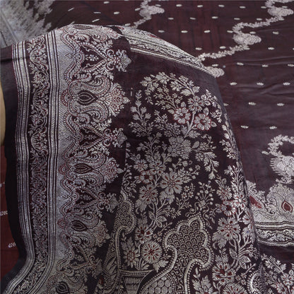 Sanskriti Vintage Dark Brown Sarees Pure Satin Silk Woven Banarasi Sari Sustainable Fabric